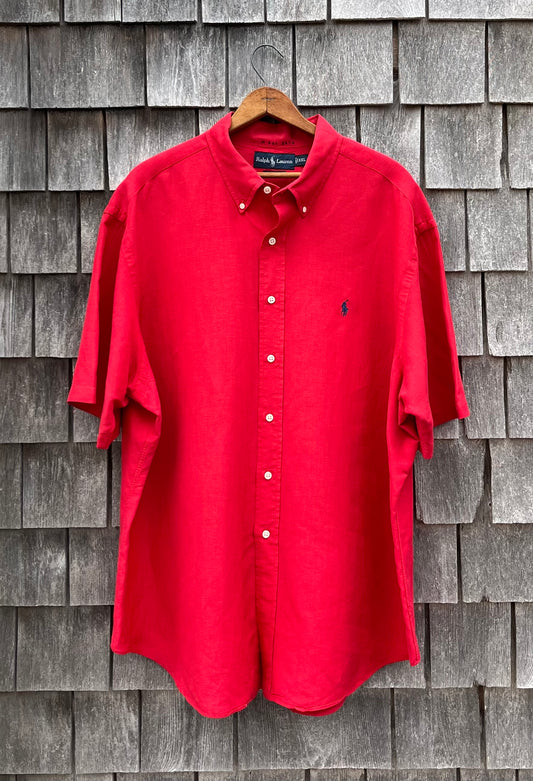90s Polo Ralph Lauren Short Sleeve Linen Silk Blend Button Down Shirt (XXL)