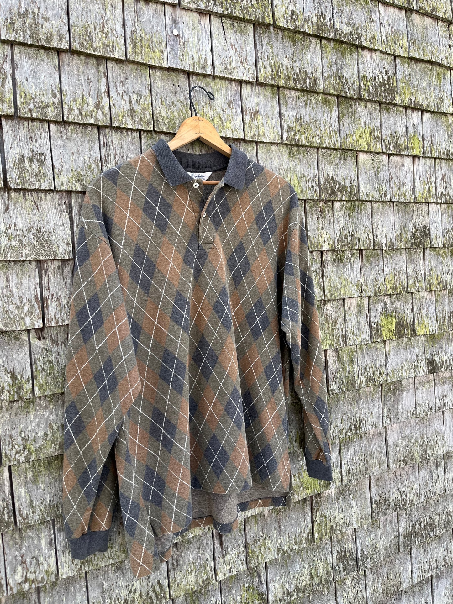 90s Brooks Brothers Golden Fleece Argyle Check Cotton Long Sleeve Polo Shirt (L/XL)