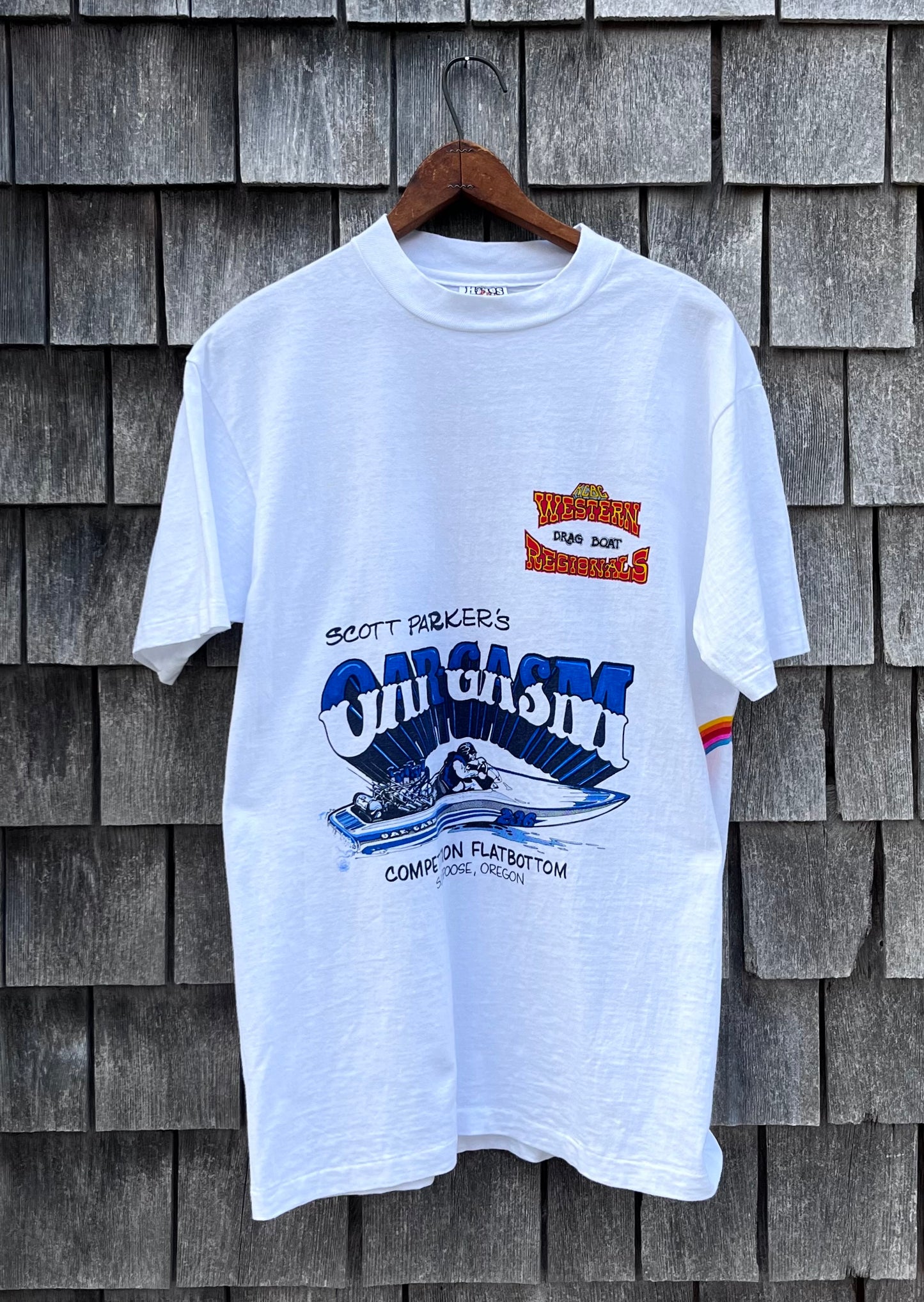 70s Scott Parker's Oargasm Scapoose Oregon KCBC Western Regionals Drag Boat T-Shirt