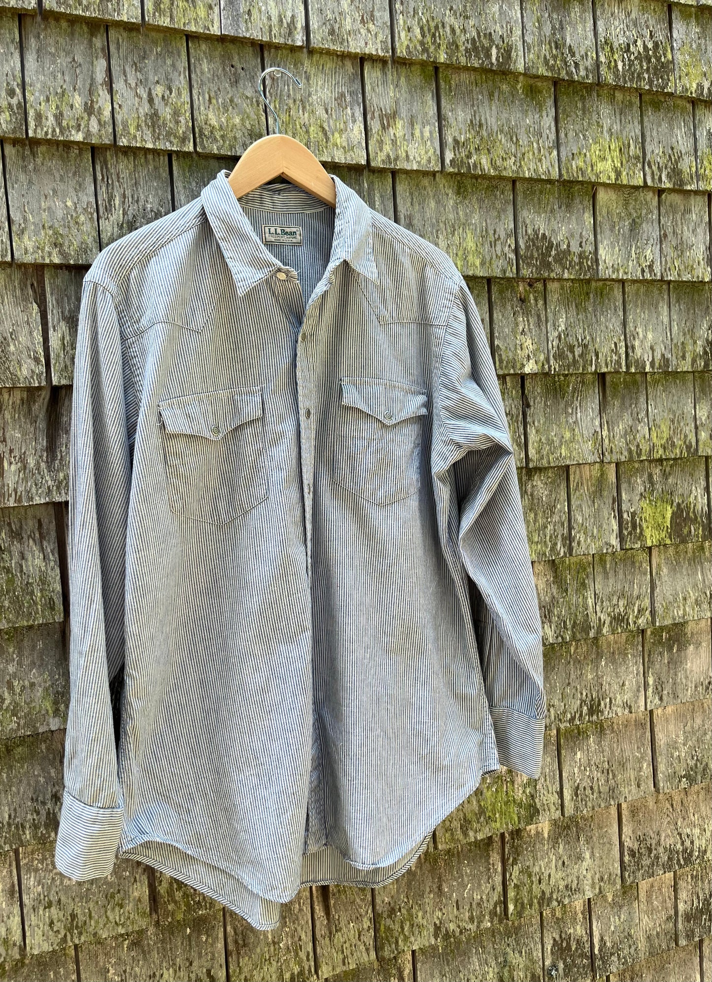 90s L.L. Bean Cotton Hickory Stripe Western Snap Front Shirt (L)