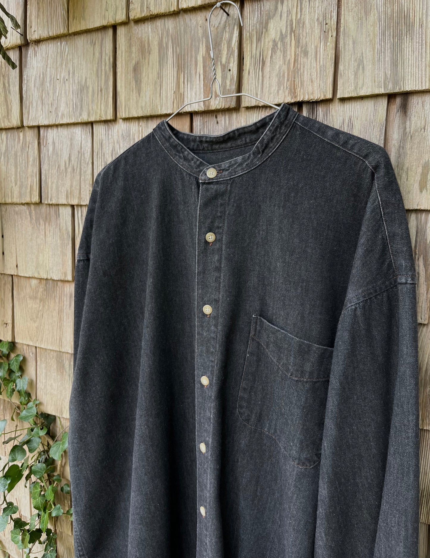 90s J. Crew Black Denim Mandarin Collar Button Front Shirt (XXL)
