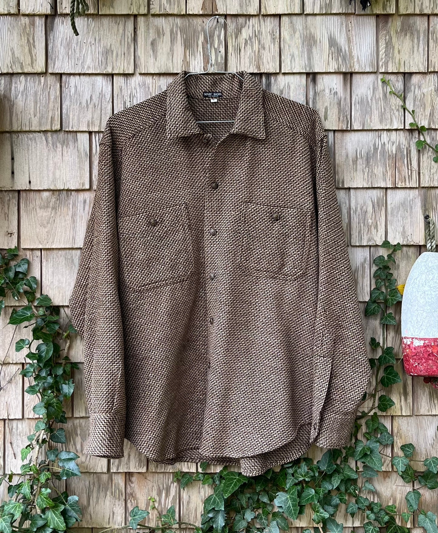 80s Marc Baxis Los Angeles Heavyweight Herringbone Wool Blend Button Front Shirt (XL)