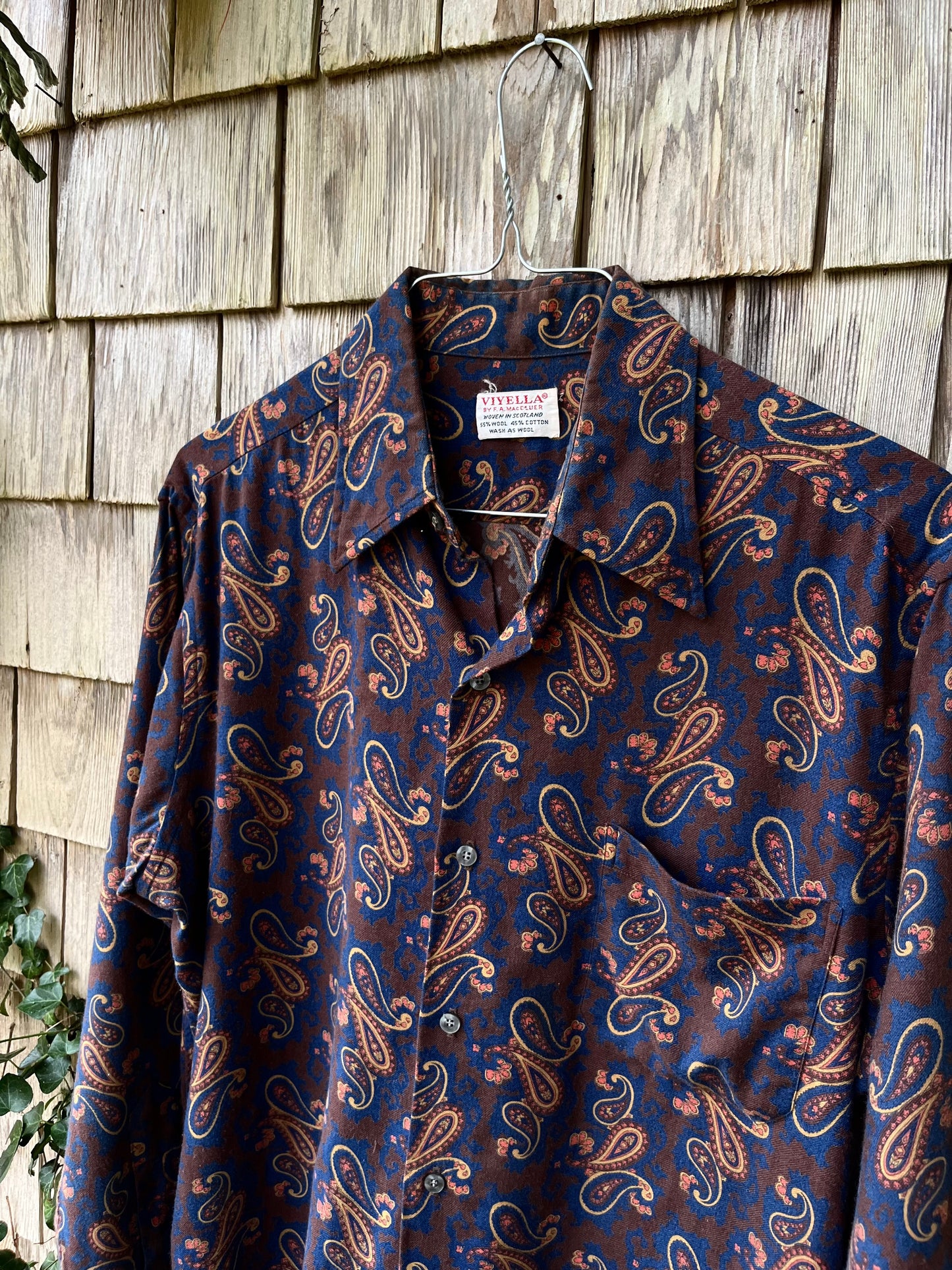 70s F.A. MacCluer Paisley Viyella Wool Blend Button Front Shirt (XL)