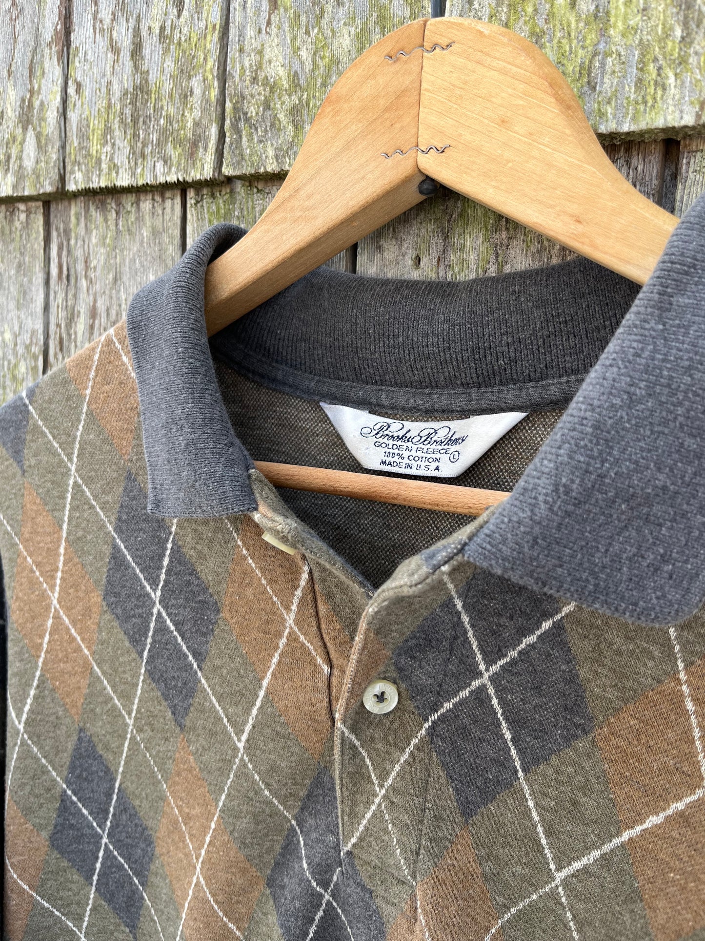 90s Brooks Brothers Golden Fleece Argyle Check Cotton Long Sleeve Polo Shirt (L/XL)