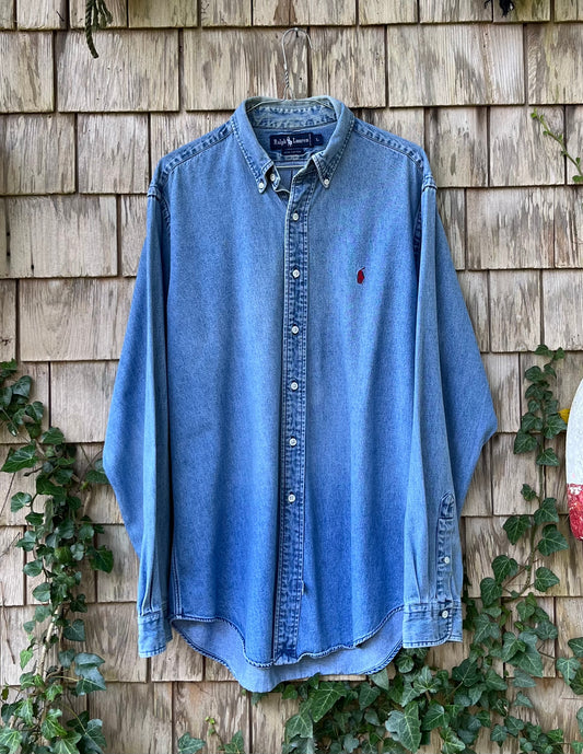 90s Polo Ralph Lauren Cotton Denim Button Down Shirt (XL)